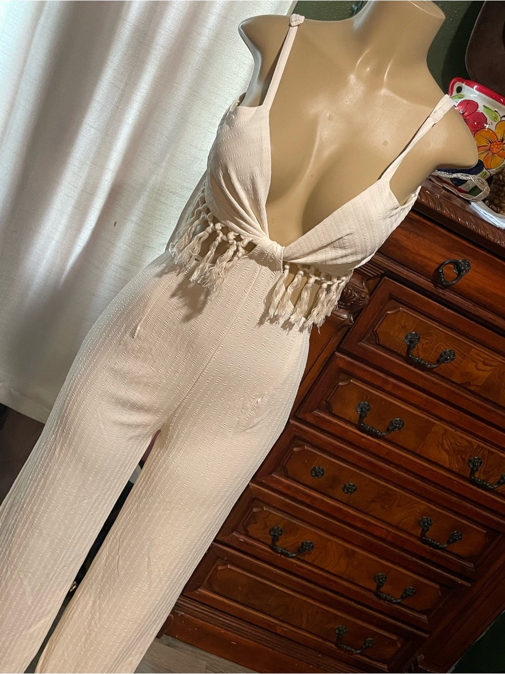 Boho Tassel Wide-Leg Jumpsuit in Cream - Picture 3 of 4